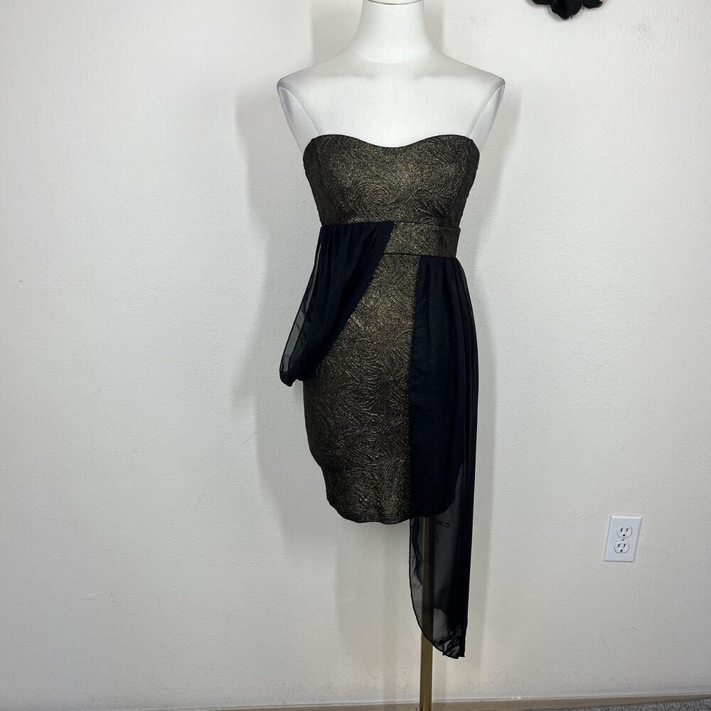 Symphony Dress Womens Medium Black Gold Strapless Bodycon Mini Asymmetric Party